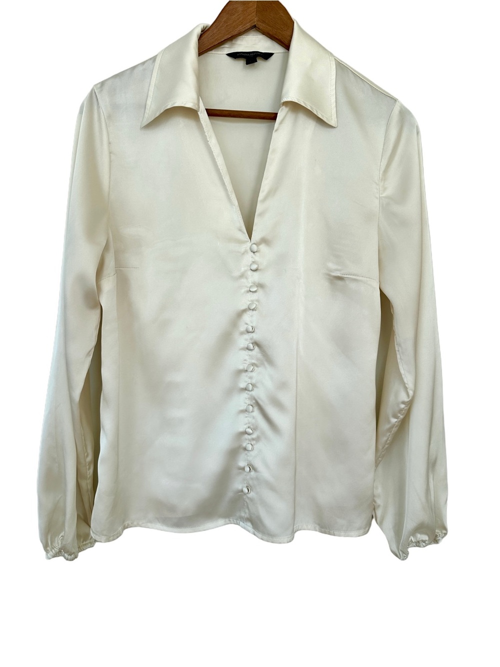 Banana Republic Ivory Satin Button-Front Blouse, , Relaxed Fit, Long Sleeves